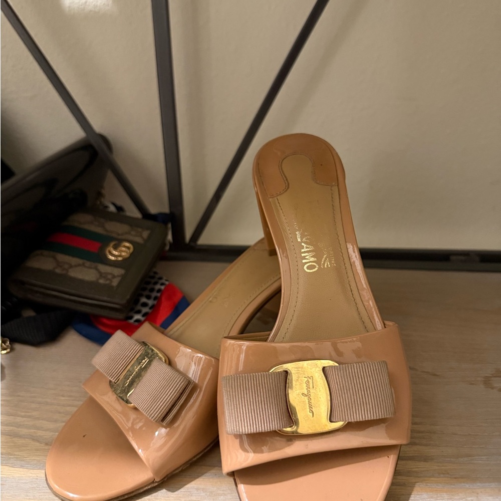 Salvatore Ferragamo Beige Mules with Gold Accent